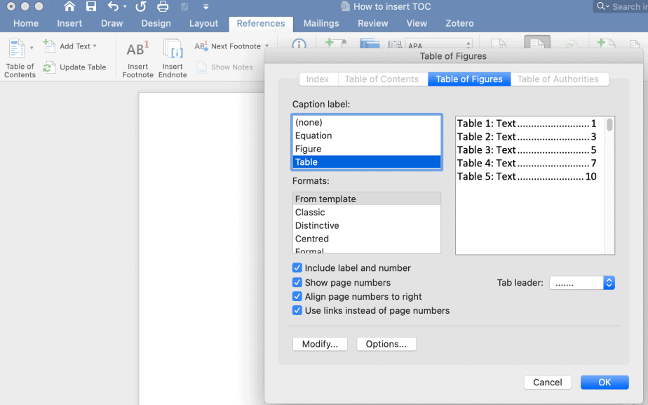 Styles of list of tables